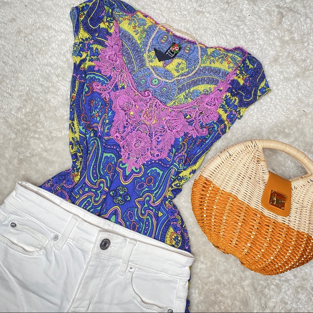 Y2K Free People Colourful Top with Purple V-Neck Crochet Detailing